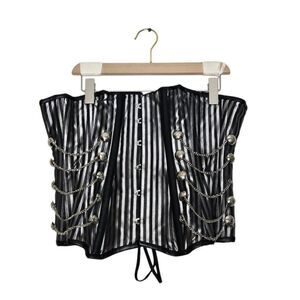 Silver Black Boned Waist Trainer Corset size 28 Stripe Button Chain Details Heav